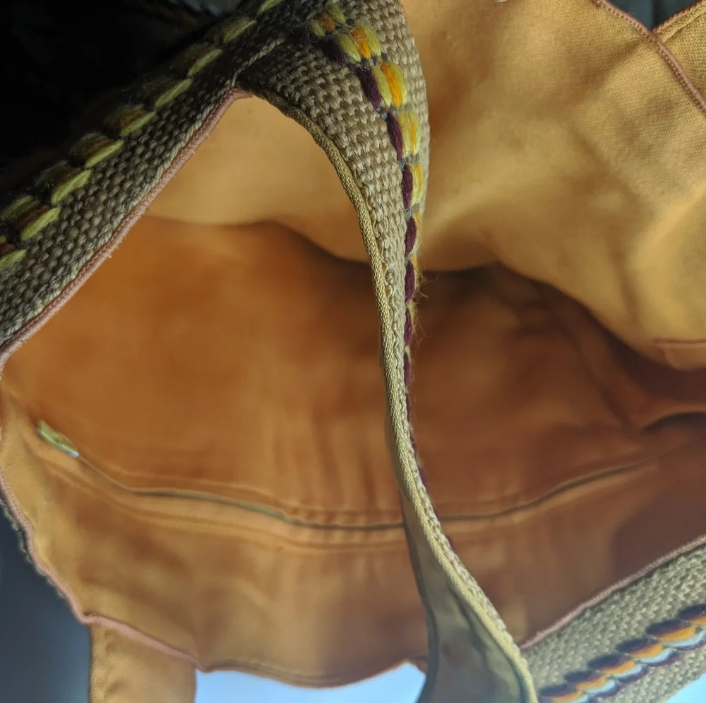 VINTAGE Handmade Boho Embroidered Burlap Tote - Picture 7 of 11